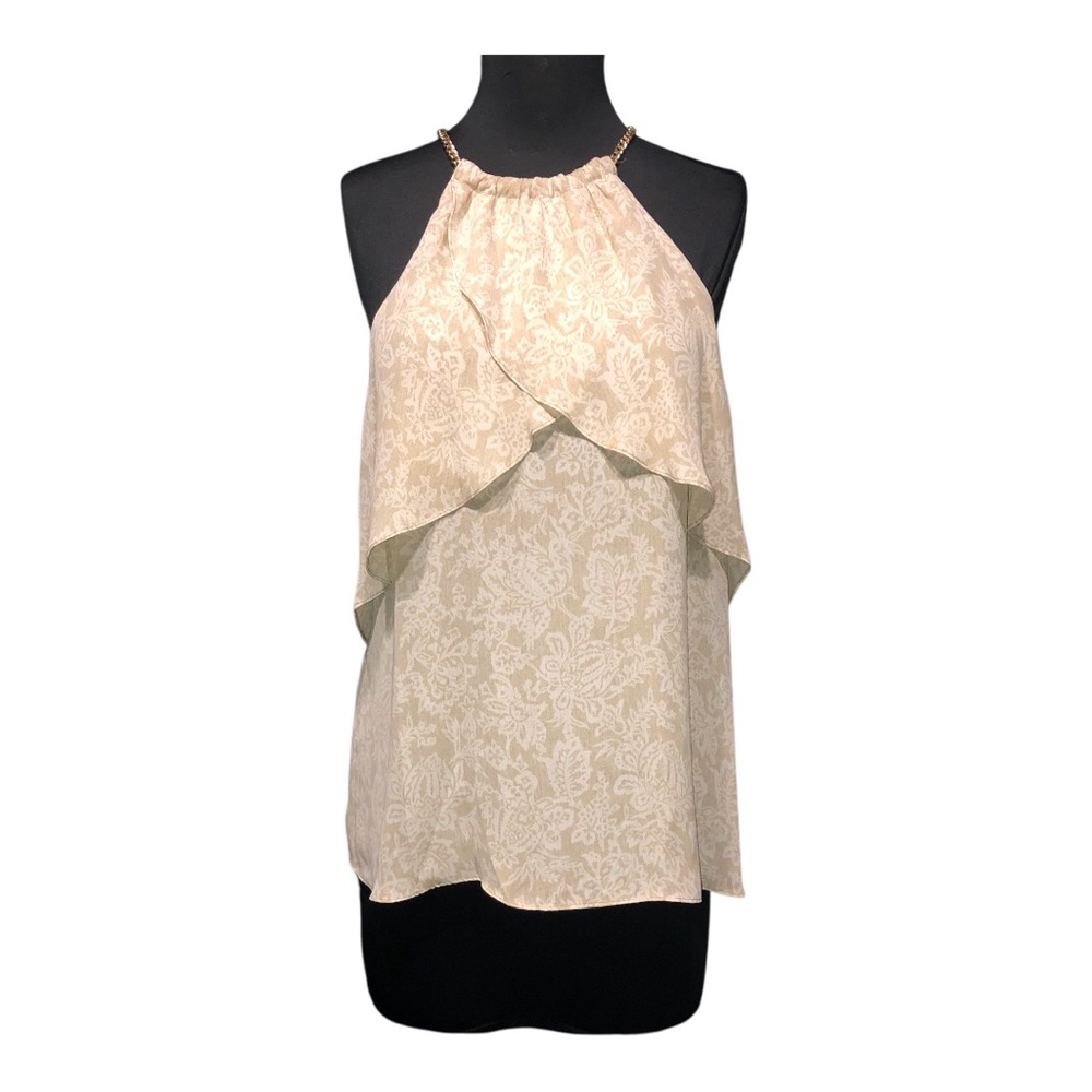 Michael KORS Elegant Cream Halter Top with Gold Chain & Floral Accents Size 12